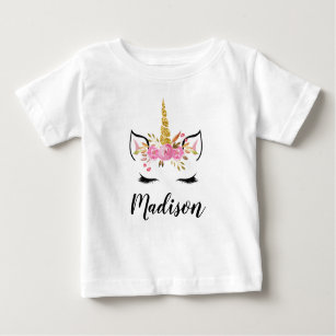 Unicorn Face With Eyelashes Personalized Name Baby T-Shirt