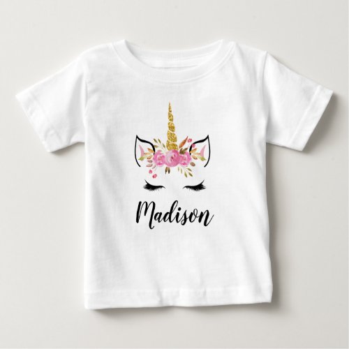 Unicorn Face With Eyelashes Personalized Name Baby T_Shirt