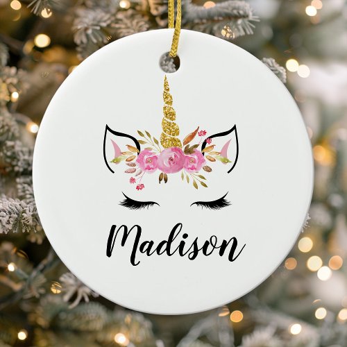 Unicorn Face With Eyelashes Personalized Name Ceramic Ornament