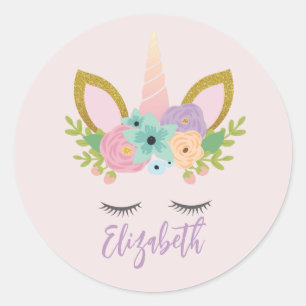 Unicorn Face With Eyelashes Personalized Name Classic Round Sticker