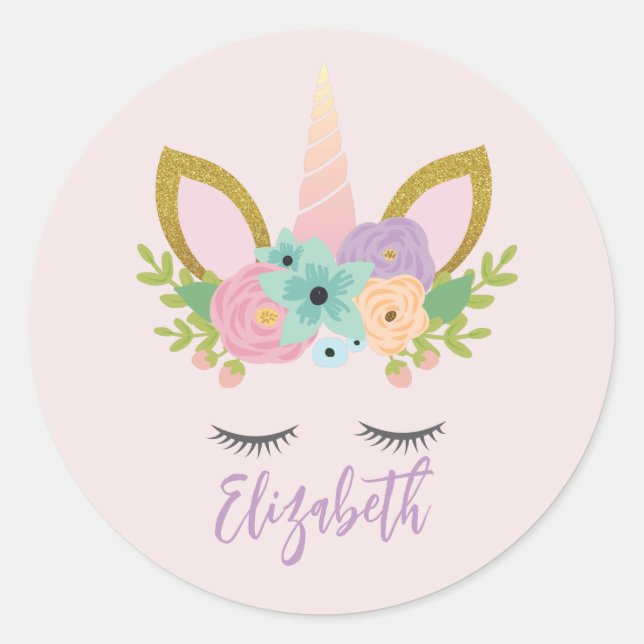 Unicorn Face With Eyelashes Personalized Name Classic Round Sticker (Front)