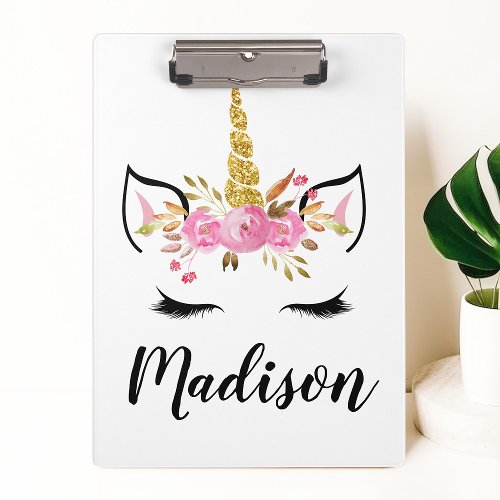 Unicorn Face With Eyelashes Personalized Name Clipboard