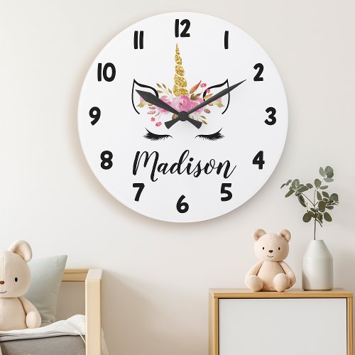 Unicorn Face With Eyelashes Personalized Name Large Clock