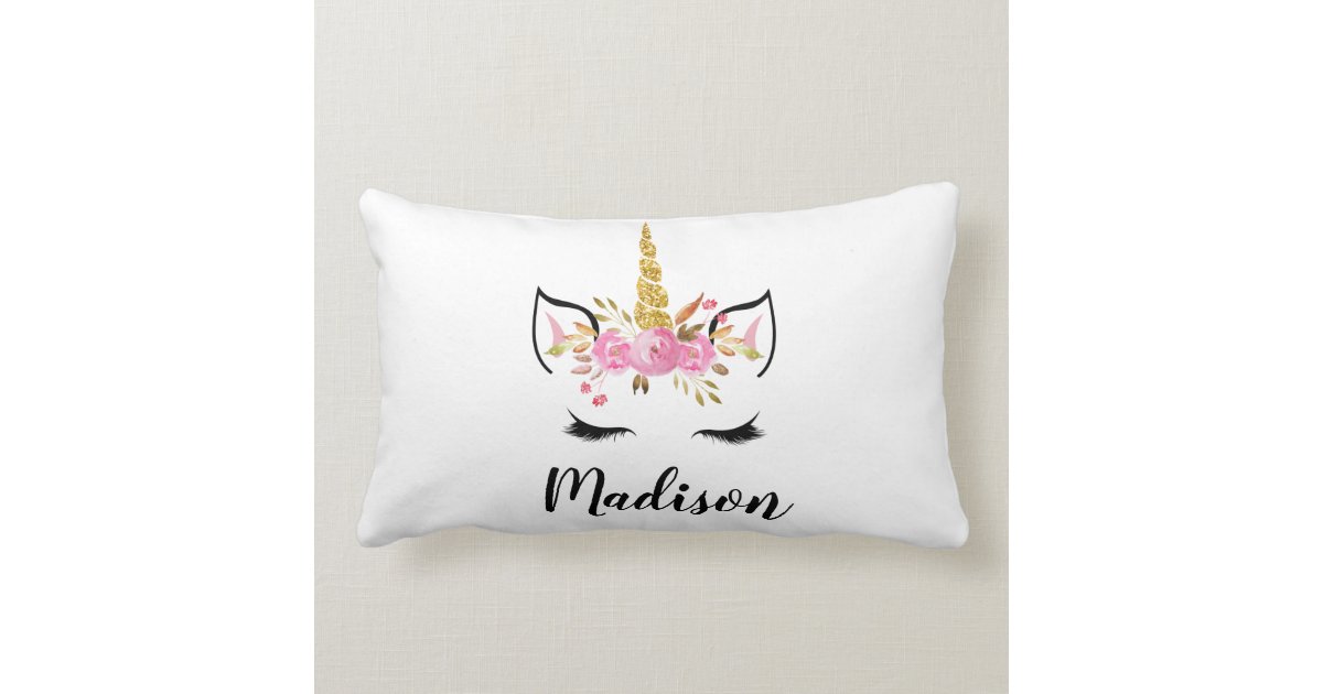 Unicorn Face With Eyelashes Personalized Name Lumbar Pillow