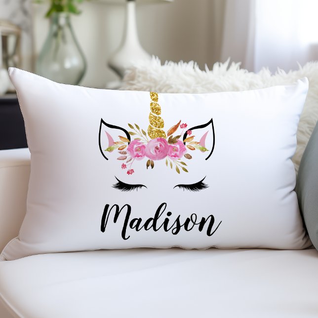 Unicorn Face With Eyelashes Personalized Name Lumbar Pillow (Creator Uploaded)