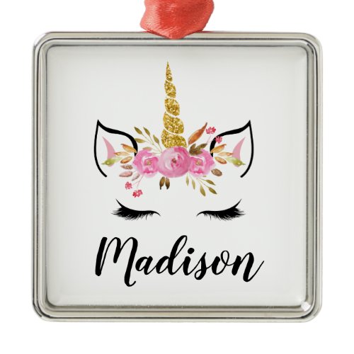 Unicorn Face With Eyelashes Personalized Name Metal Ornament