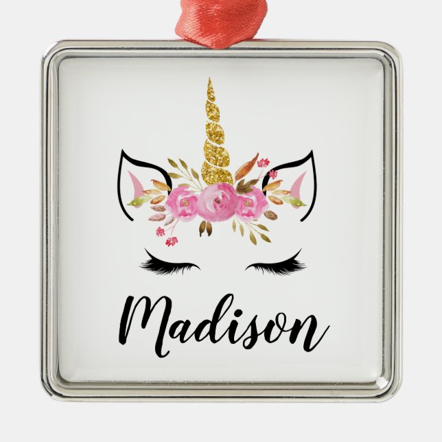 Unicorn Face With Eyelashes Personalized Name Metal Ornament (Front)