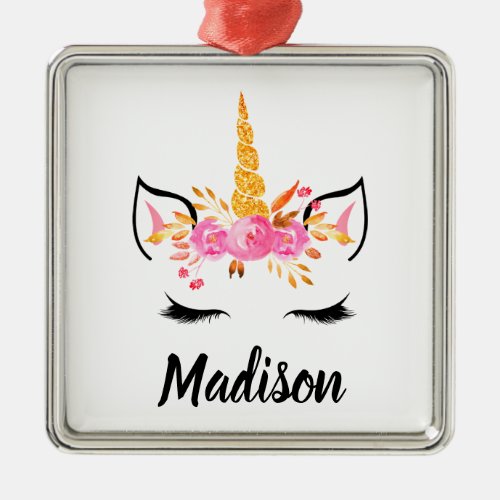 Unicorn Face With Eyelashes Personalized Name Metal Ornament