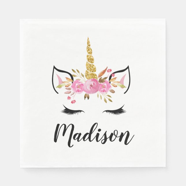 Unicorn Face With Eyelashes Personalized Name Napkins (Front)