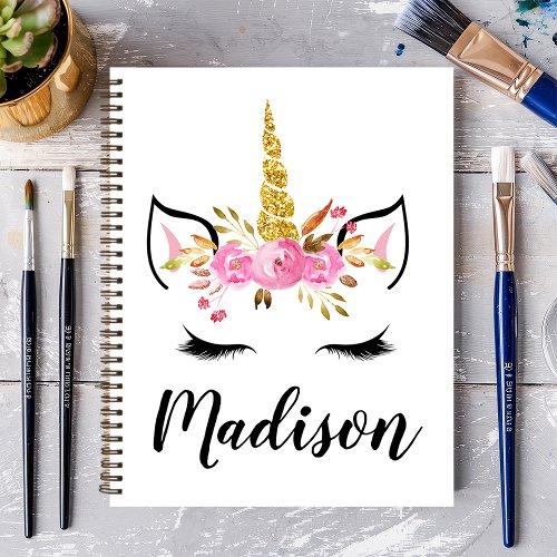 Unicorn Face With Eyelashes Personalized Name Notebook