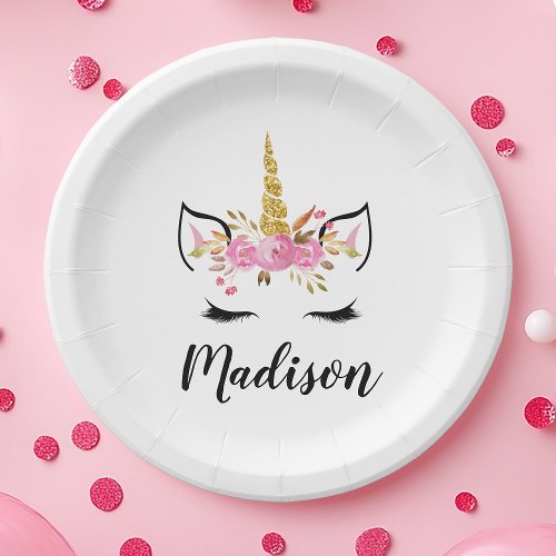 Unicorn Face With Eyelashes Personalized Name Paper Plates