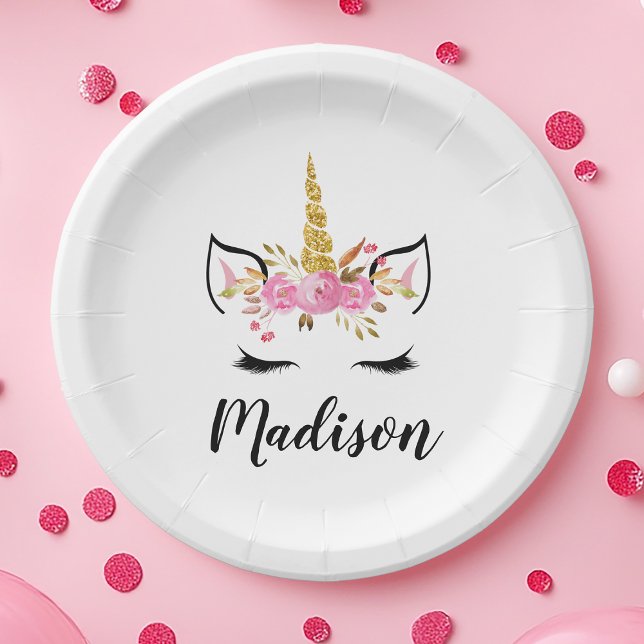 Unicorn Face With Eyelashes Personalized Name Paper Plates (Creator Uploaded)