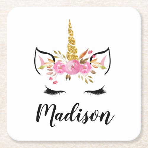 Other Occasions 5 Unicorn Face With Eyelashes Personalized Name Square Paper Coaster