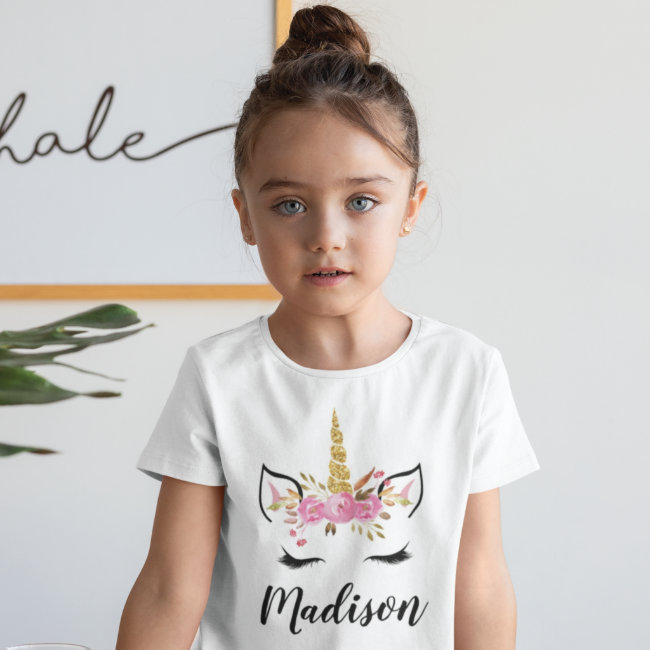 Unicorn Face With Eyelashes Personalized Name T-Shirt