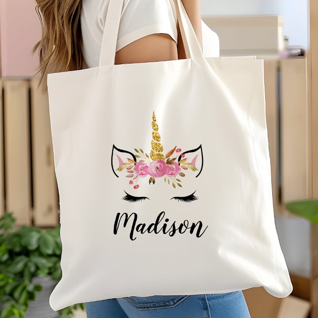 Unicorn Face With Eyelashes Personalized Name Tote Bag (Creator Uploaded)