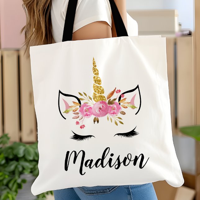 Unicorn Face With Eyelashes Personalized Name Tote Bag (Creator Uploaded)