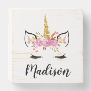 Unicorn Face With Eyelashes Personalized Name Wooden Box Sign
