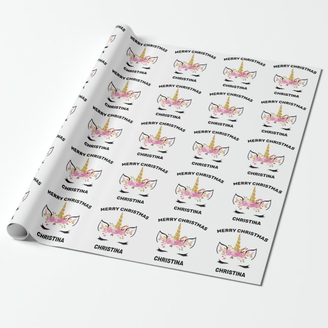 Unicorn Face With Eyelashes Personalized Name Wrapping Paper (Unrolled)