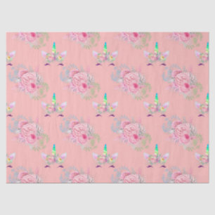 Unicorn Faces with Pink Flowers on Peach Tissue Paper