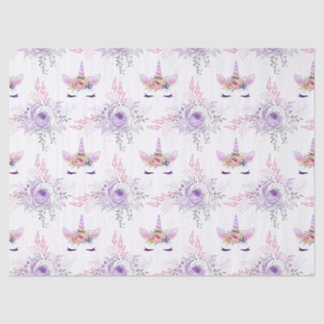 Unicorn Faces with Purple Flowers on White Tissue Paper (Front)