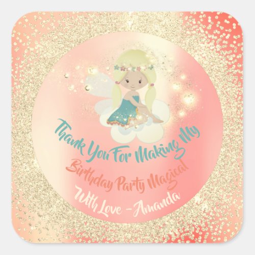 Unicorn Fairly Thanks Favor Glitter Gold Coral Square Sticker