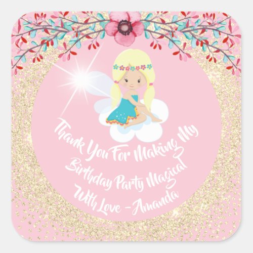 Unicorn Fairly Thanks Favor Glitter Pink Sparkly Square Sticker