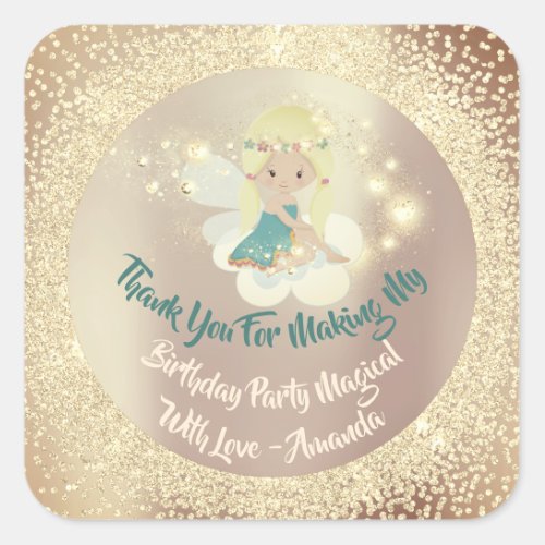 Unicorn Fairly Thanks Favor Glitter Rose Gold Pink Square Sticker