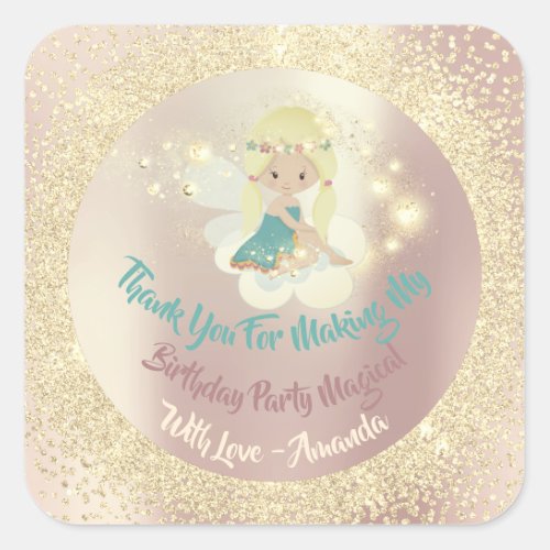 Unicorn Fairly Thanks Favor Glitter Teal Gold Pink Square Sticker