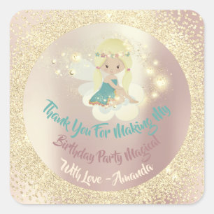 Unicorn Fairly Thanks Favor Glitter Teal Gold Pink Square Sticker