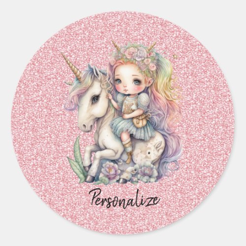 Unicorn Fairy Princess Pink Glitter Fantasy Girly Classic Round Sticker