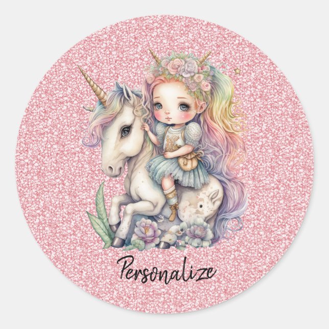 Unicorn Fairy Princess Pink Glitter Fantasy Girly Classic Round Sticker (Front)