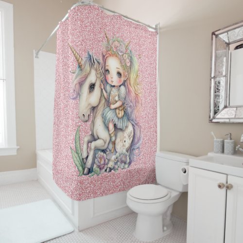 Unicorn Fairy Princess Pink Glitter Fantasy Girly Shower Curtain