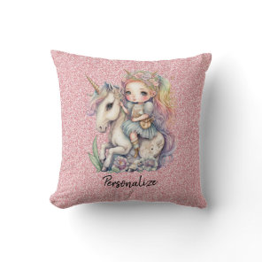 Unicorn Fairy Princess Pink Glitter Fantasy Girly Throw Pillow