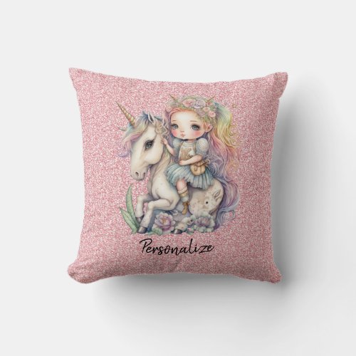 Unicorn Fairy Princess Pink Glitter Fantasy Girly Throw Pillow