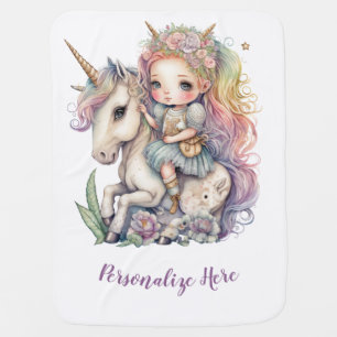 Unicorn Fairy Princess Rainbow Colors Personalize Baby Blanket