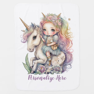 Unicorn Fairy Princess Rainbow Colors Personalize Baby Blanket