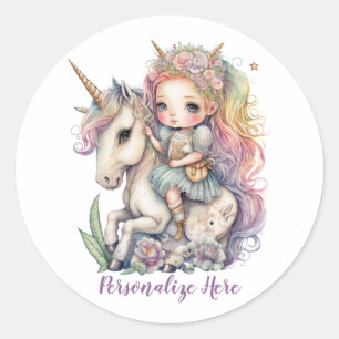Unicorn Fairy Princess Rainbow Colors Personalize Classic Round Sticker