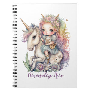 Unicorn Fairy Princess Rainbow Colors Personalize Notebook