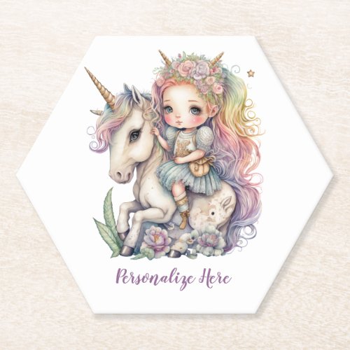 Unicorn Fairy Princess Rainbow Colors Personalize Paper Coaster