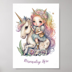 Unicorn Fairy Princess Rainbow Colors Personalize Poster