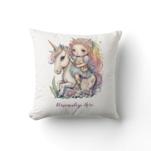 Unicorn Fairy Princess Rainbow Colors Personalize Throw Pillow