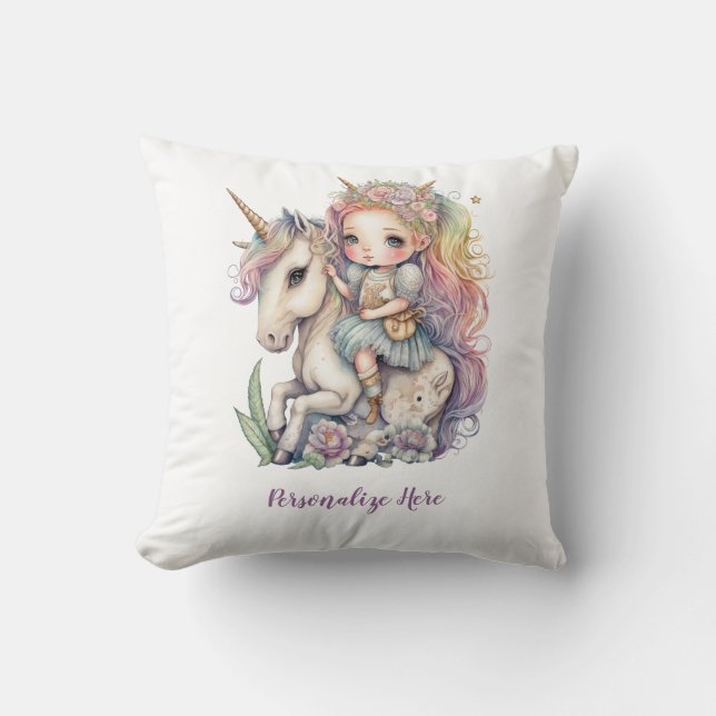 Unicorn Fairy Princess Rainbow Colors Personalize Throw Pillow (Front)