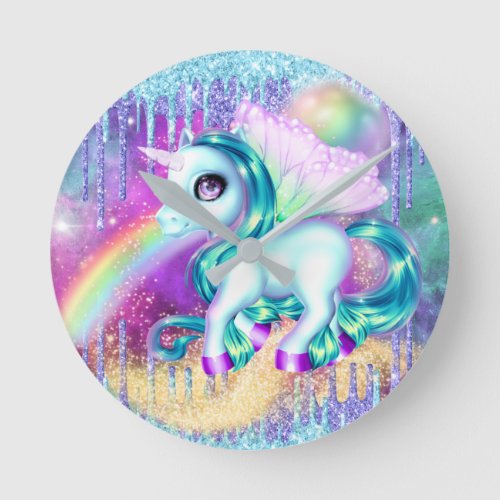 Unicorn fairy winter glitter rainbow ice frosting round clock