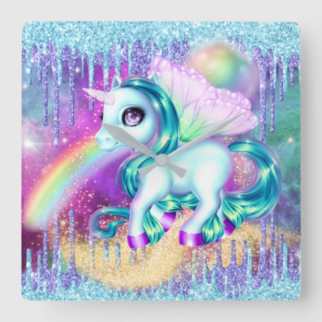 Unicorn fairy winter glitter rainbow ice square square wall clock (Front)