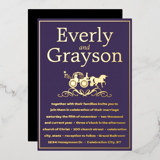 Unicorn Fairytale Purple Gold Wedding  Foil Invitation (Front/Back)