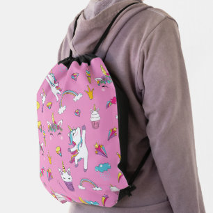 Unicorn Fan Club pattern Pink Drawstring Bag