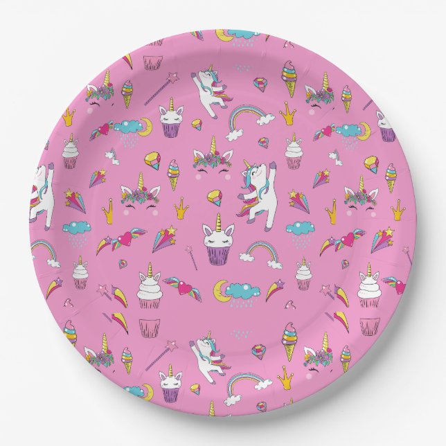 Unicorn Fan Club pattern Pink            Paper Plates (Front)