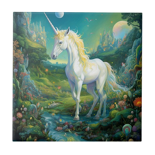 Unicorn Fantasy Art Ceramic Tile (Front)