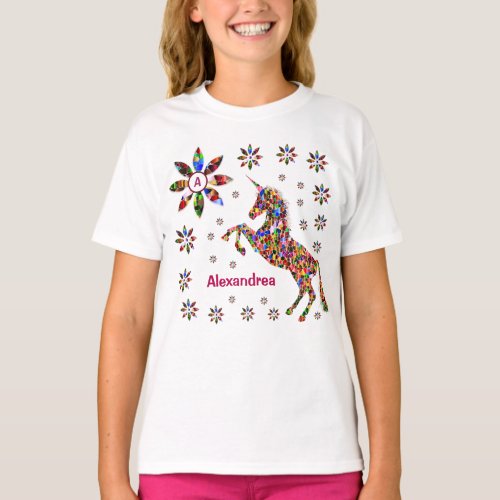  Unicorn Fantasy Flowers Glitter Personalize  T_Shirt
