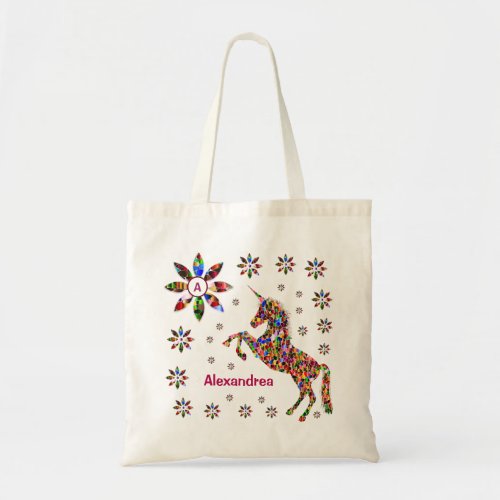  Unicorn Fantasy Flowers Glitter Personalize  Tote Bag
